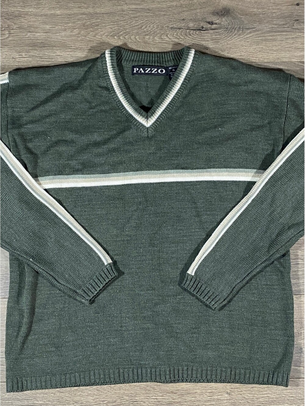Vintage Pazzo Mens XL Green Striped V Neck Sweater 90s Acrylic Grandpa Preppy